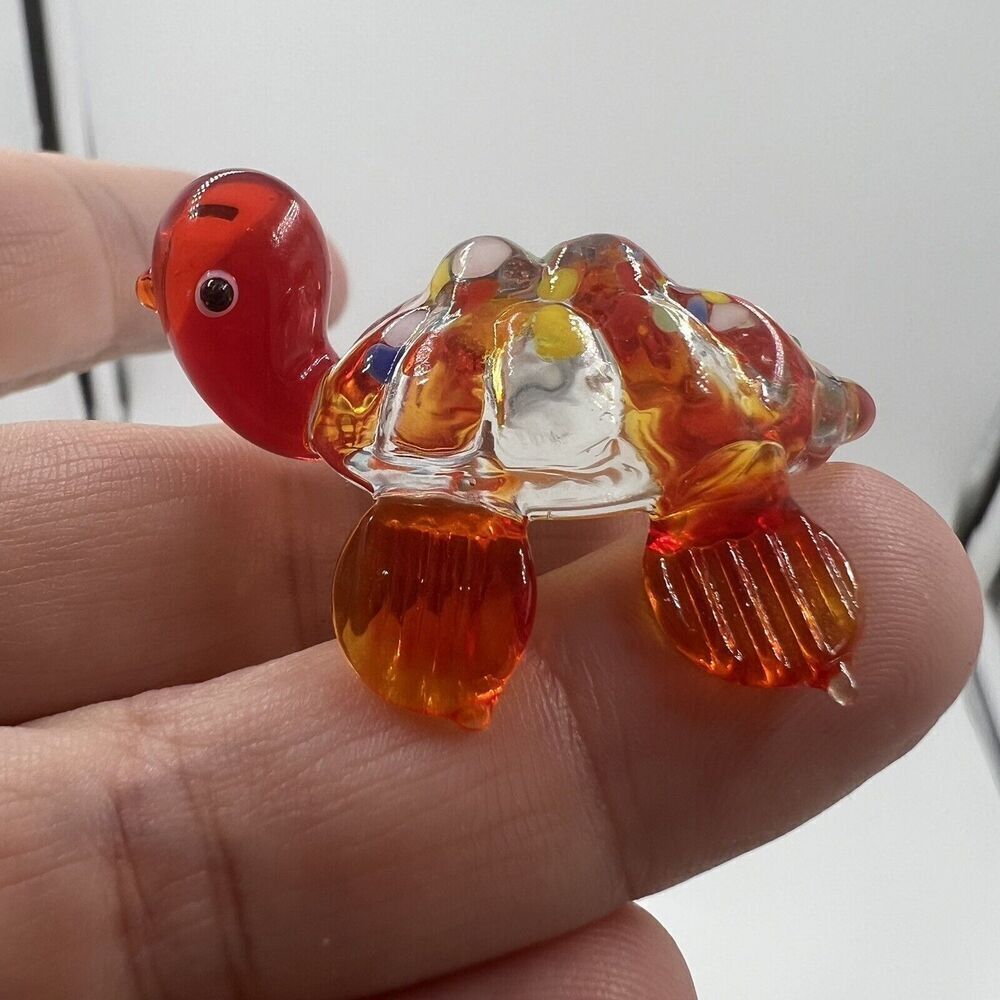 MINIATURE Art GLASS Red Turtle FIGURINE Multicolor Tiny Collectible Trinket